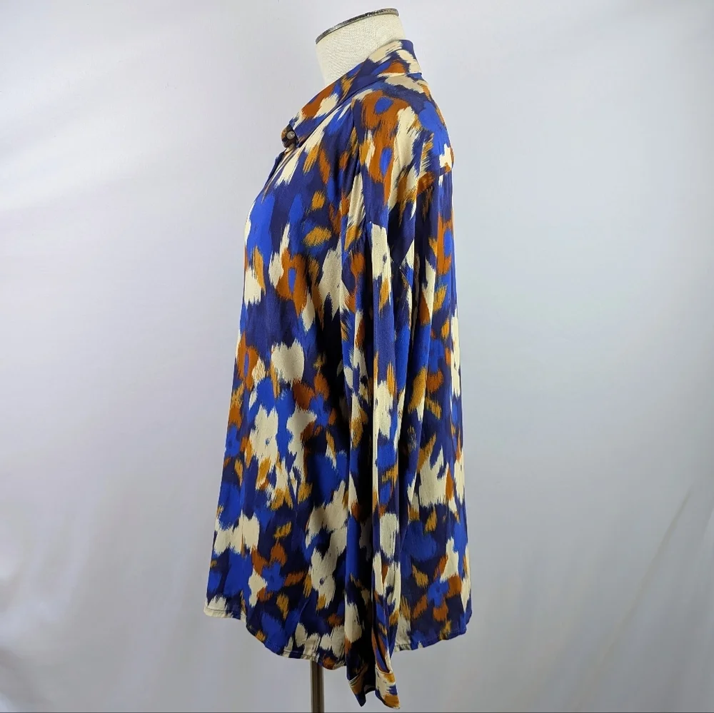 ANNA KAY Button Front Blouse Top Long Sleeve Spread Collar Abstract Print Blue L - Picture 8 of 11